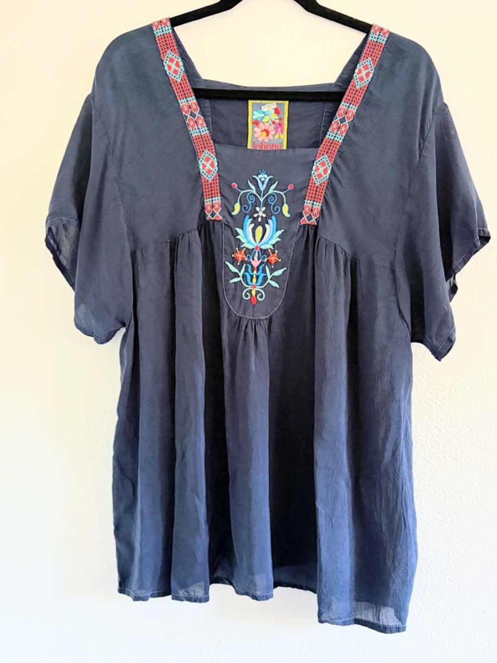 Johnny Was Navy Tunic with Multicolor Embroidery and Straps